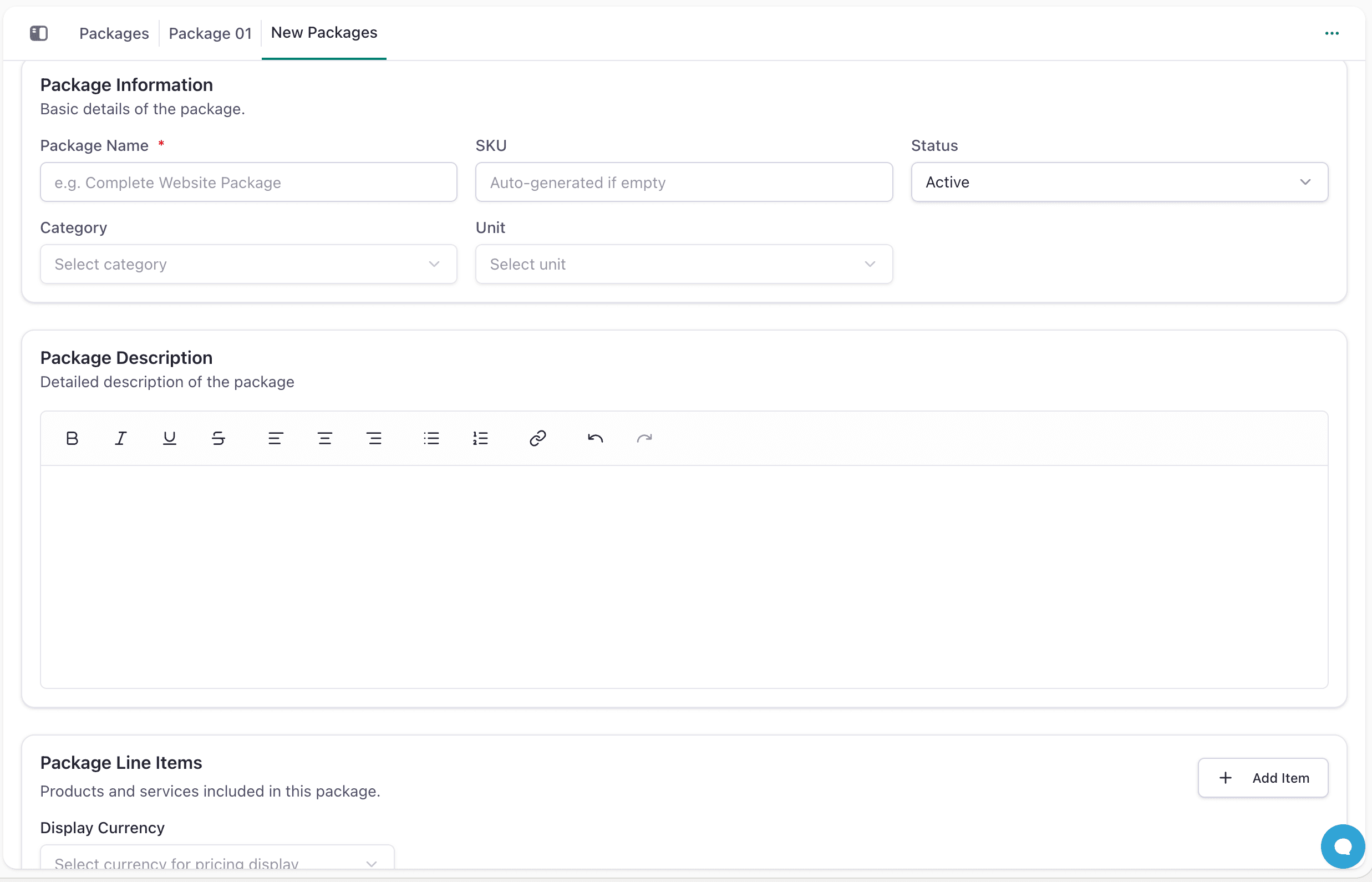 Package Creation Form