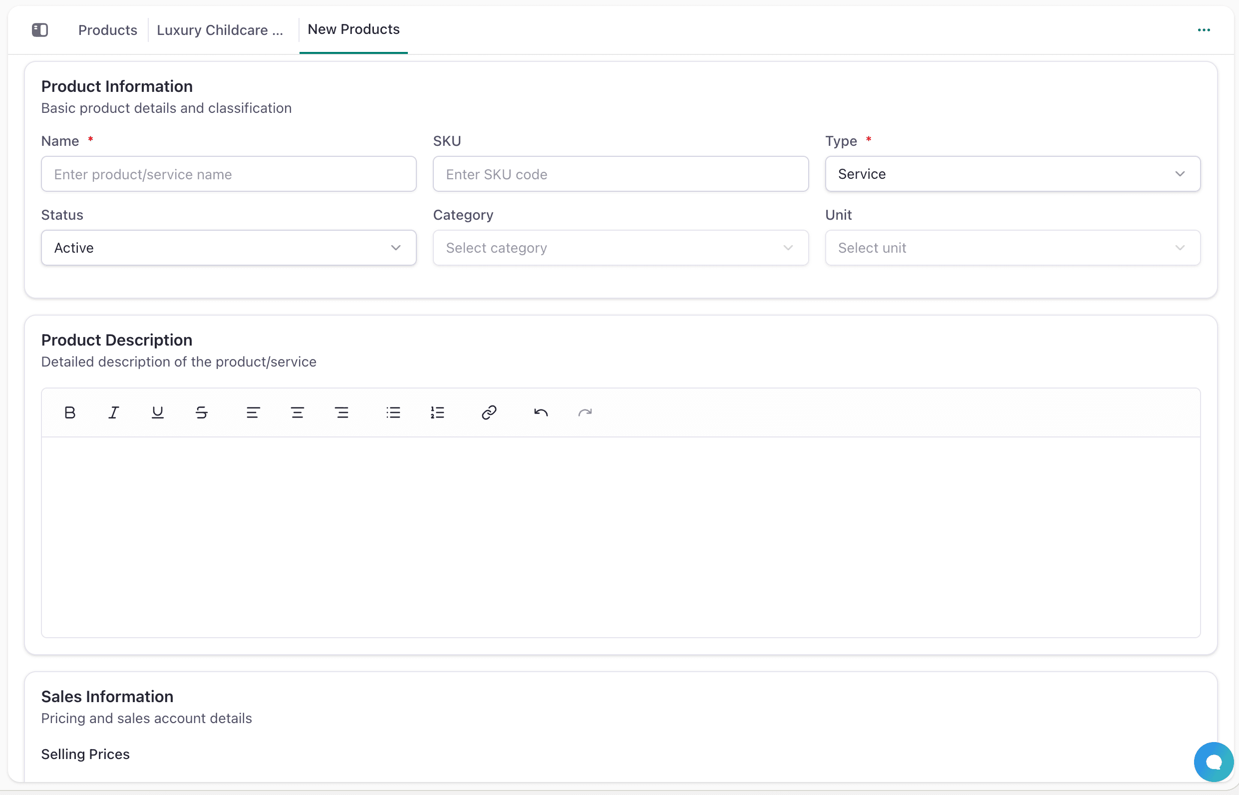Product Creation Form