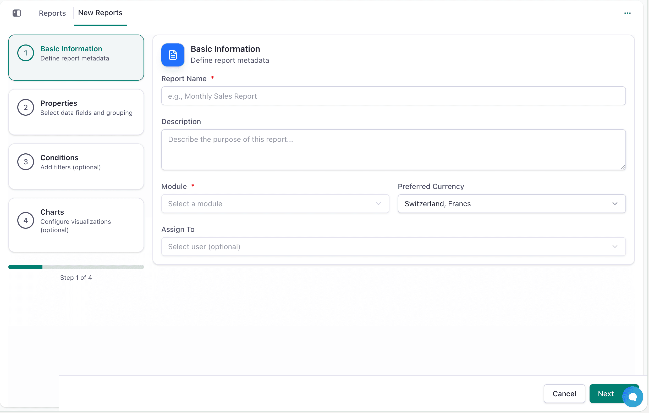 Create Report Interface